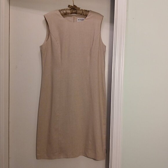 Vintage Linen Blend Sheath Dress Scoop Neck Midi Neutral Lt.Wheat Shade Sz 12 - Picture 6 of 6